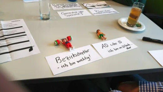Playmobil-Figuren als Stellvertreter auf dem Workshoptisch, daneben die Karte „Bezirksdirektor – ich bin wichtig“