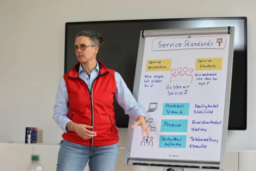 Marilla Bax zeigt auf das ausgefüllte Flipchart „Service Standards“